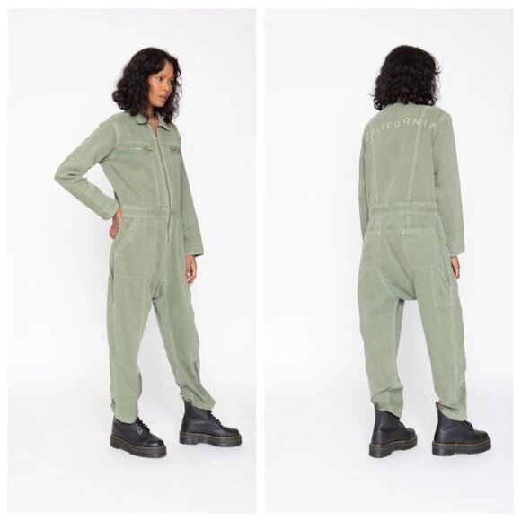 Free People x Sandrine Rose Zip Embroidered Denim Jumpsuit "California" in Army - Picture 6 of 8